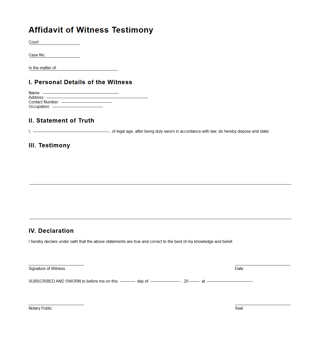 Affidavit of Witness Testimony Format for Court