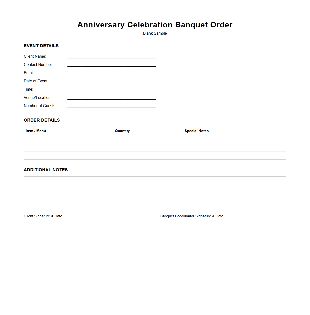 Anniversary Celebration Banquet Order