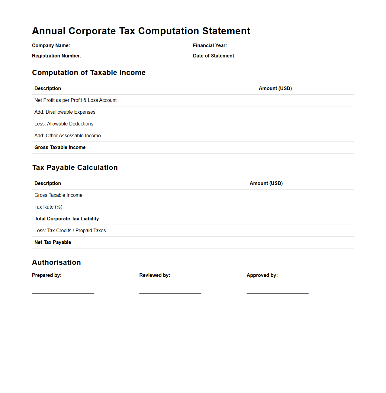 Annual Corporate Tax Computation Statement Sample