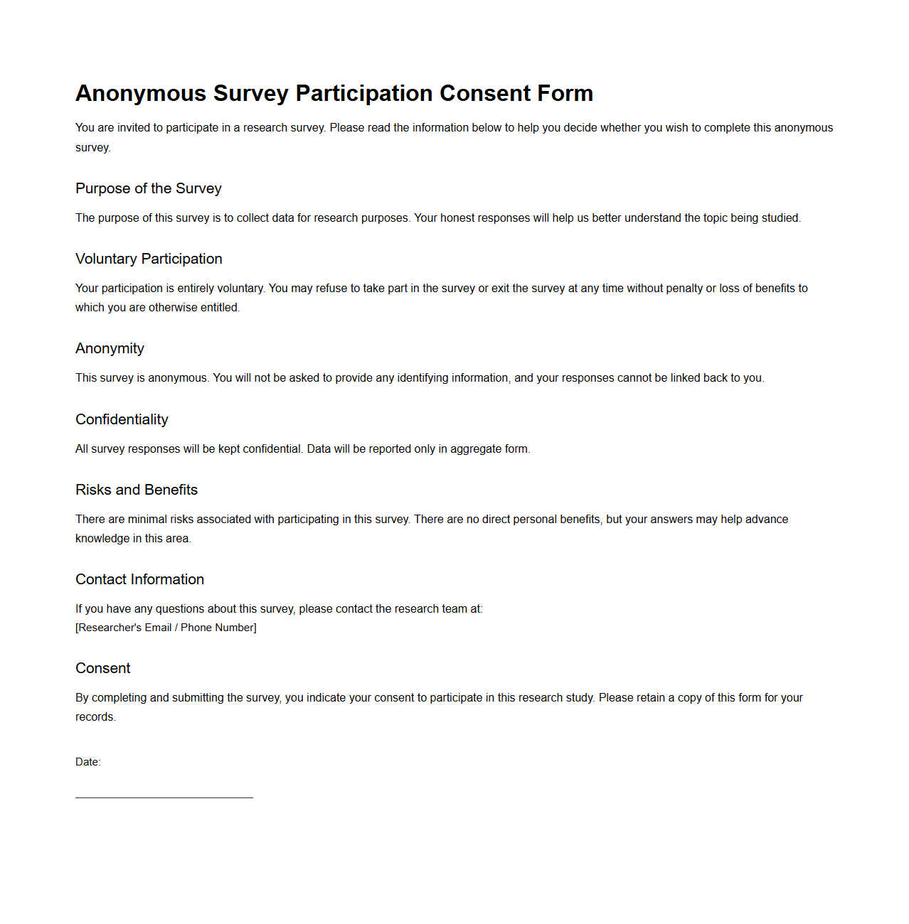 Anonymous Survey Participation Consent Form Sample