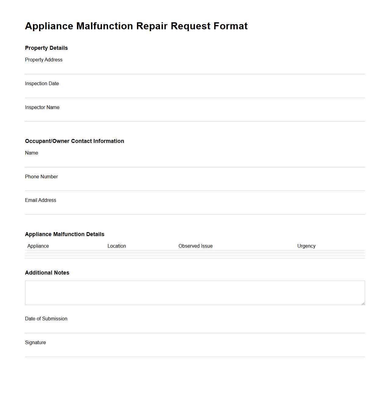 Appliance Malfunction Repair Request Format for Home Inspections