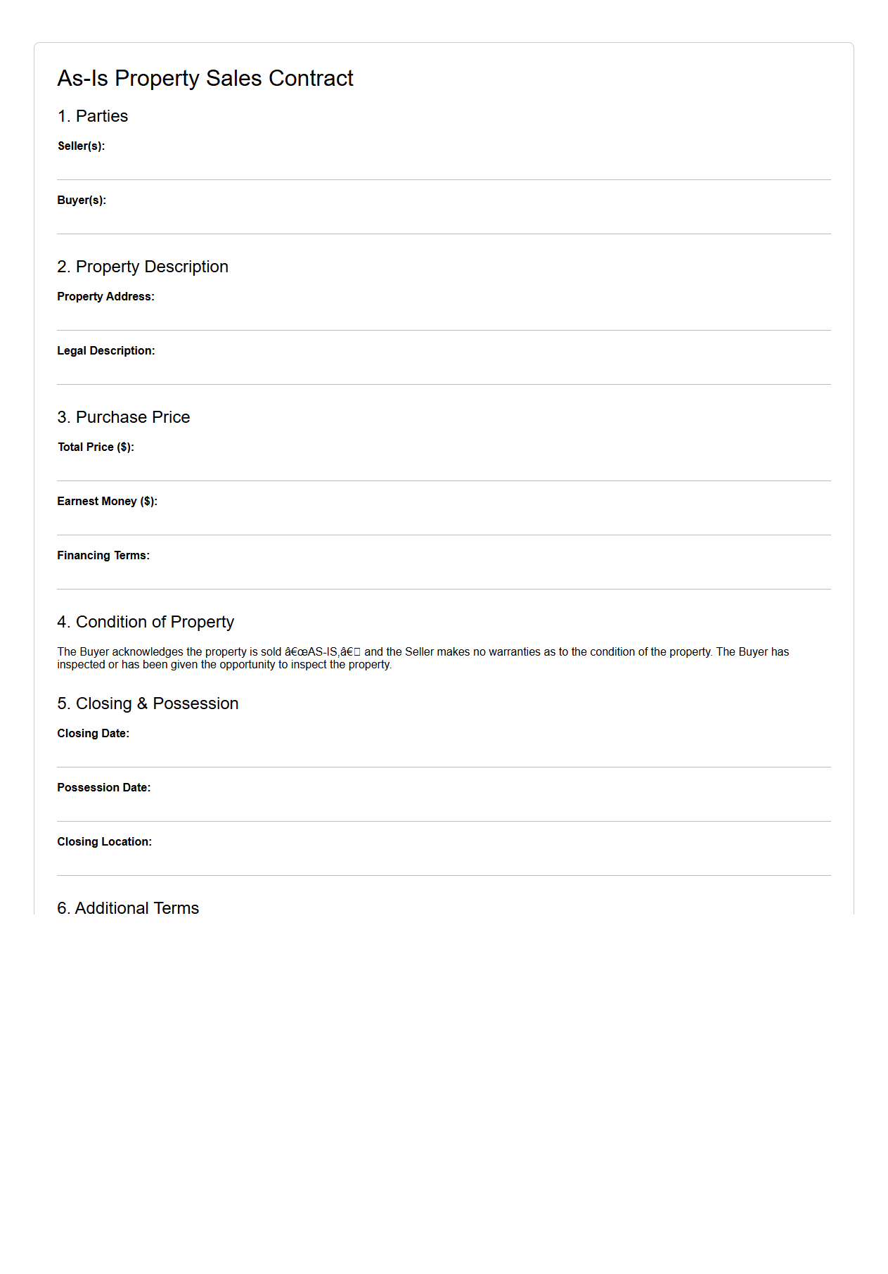 As-Is Property Sales Contract Template