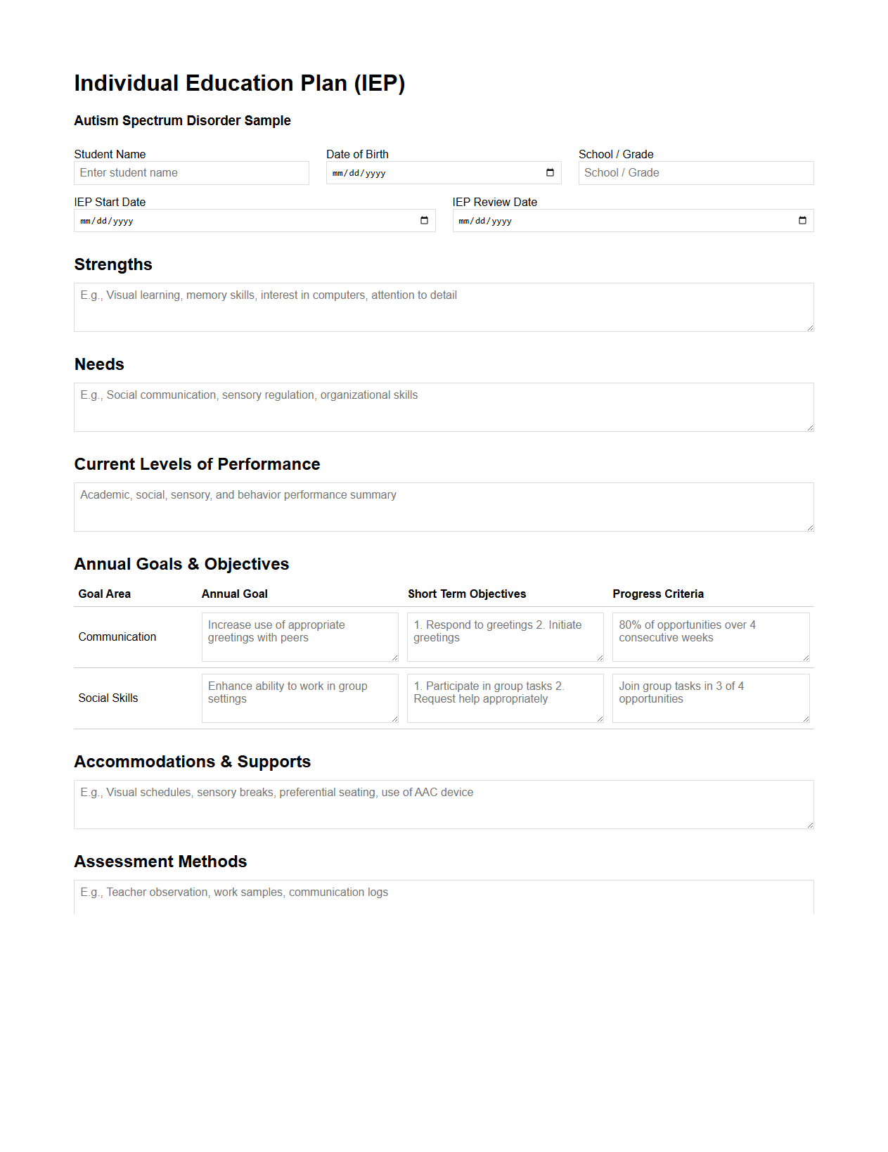 Autism Spectrum Disorder Individual Education Plan Sample