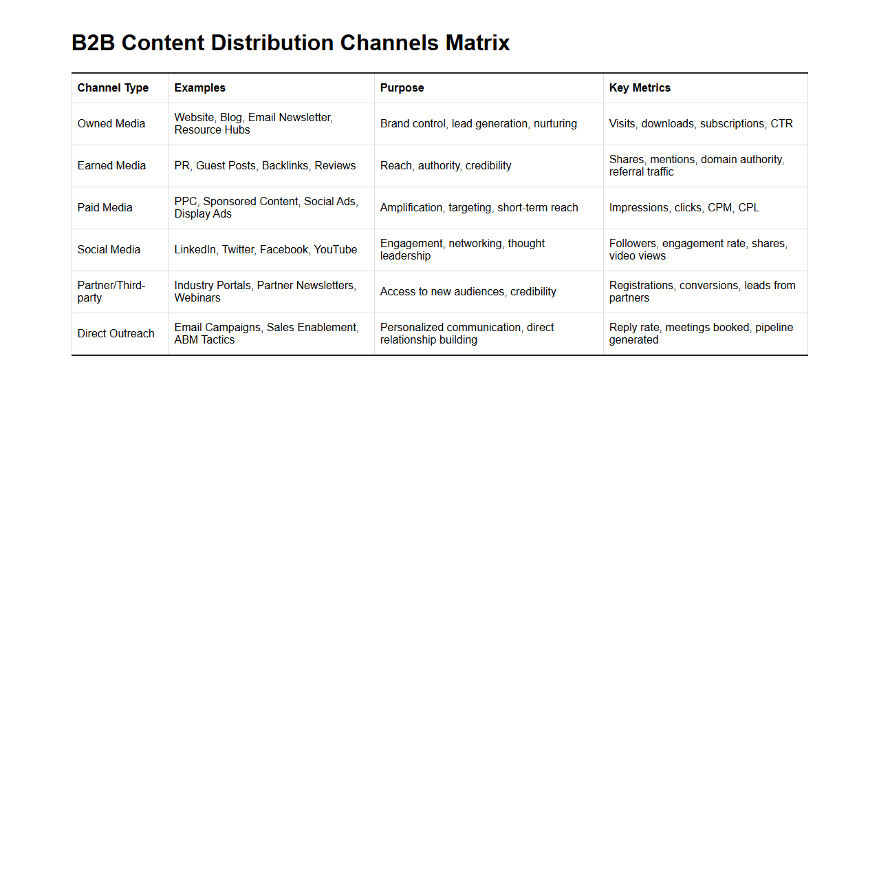 B2B Content Distribution Channels Matrix