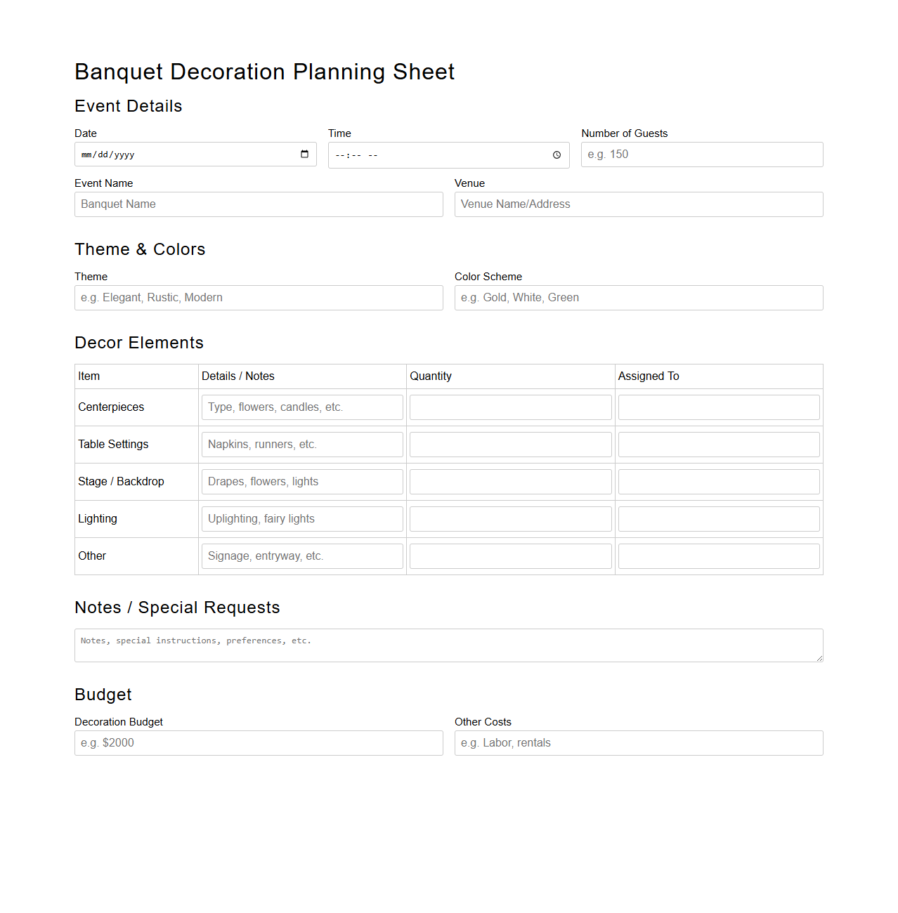 Banquet Decoration Planning Sheet