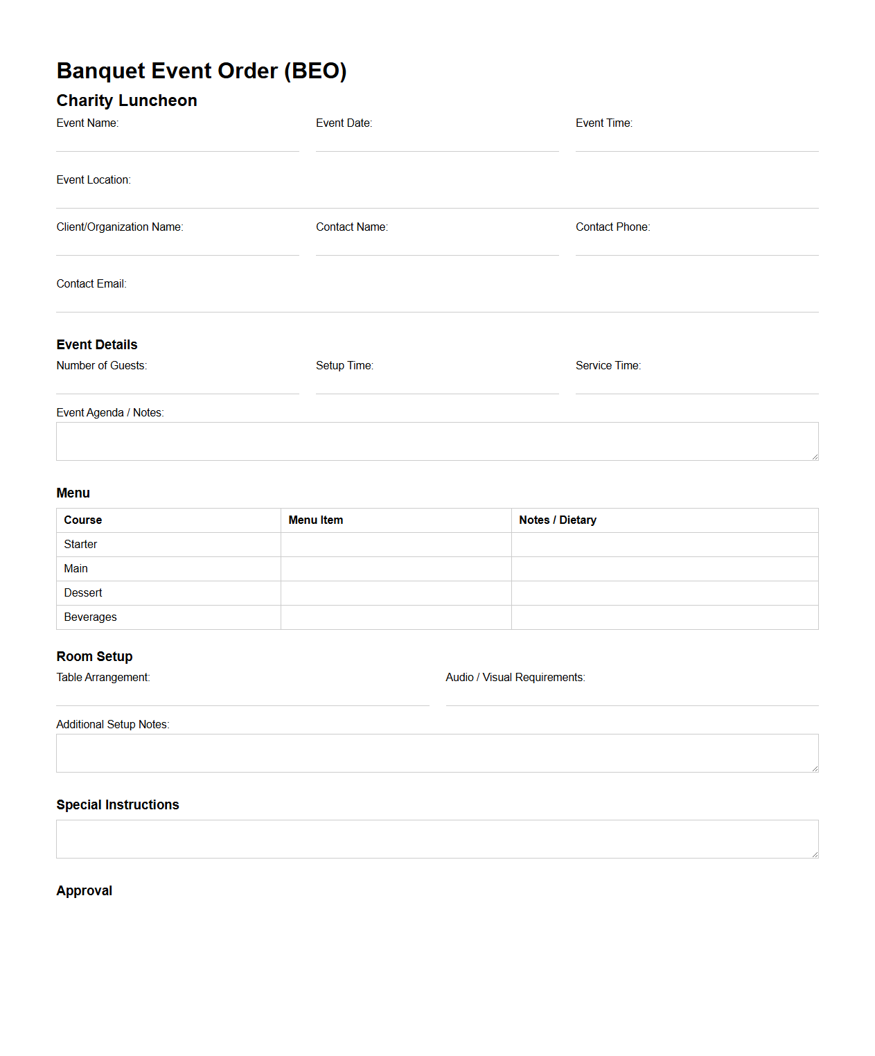 Banquet Event Order for Charity Luncheon