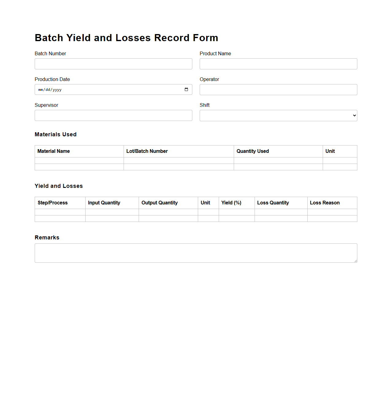 Batch Yield and Losses Record Form
