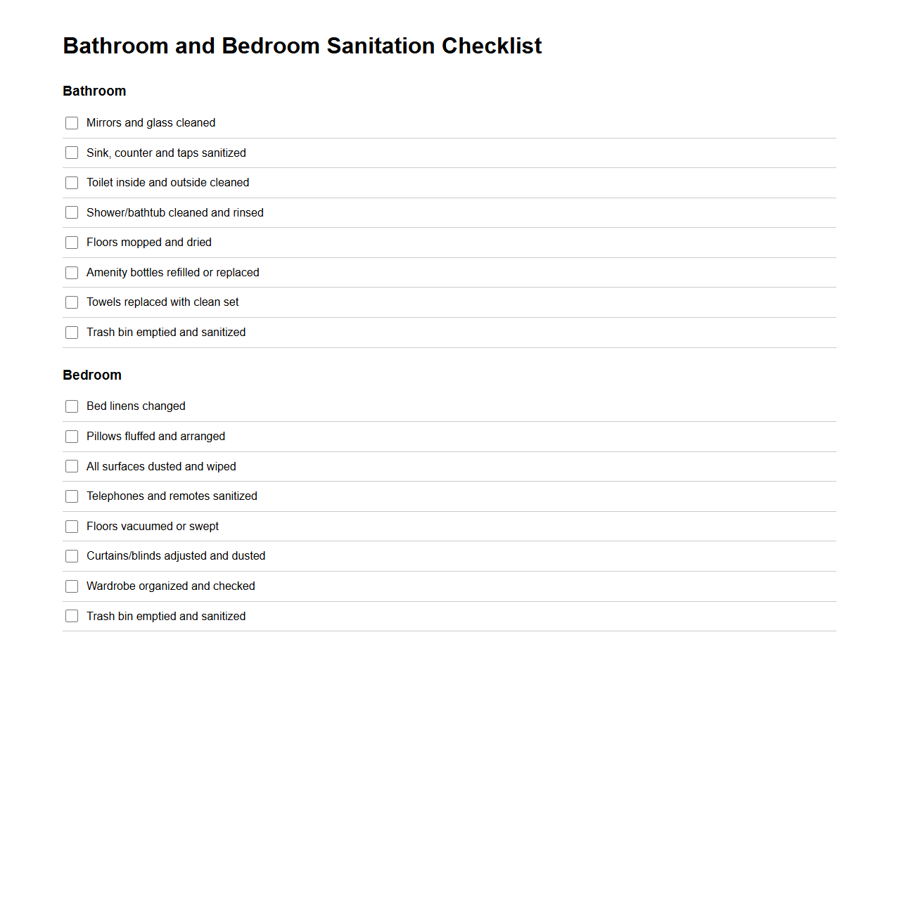 Bathroom and Bedroom Sanitation Checklist for Hotels