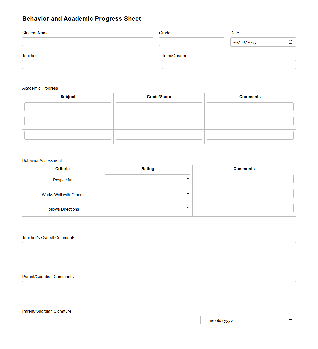 Behavior and Academic Progress Sheet for Parents