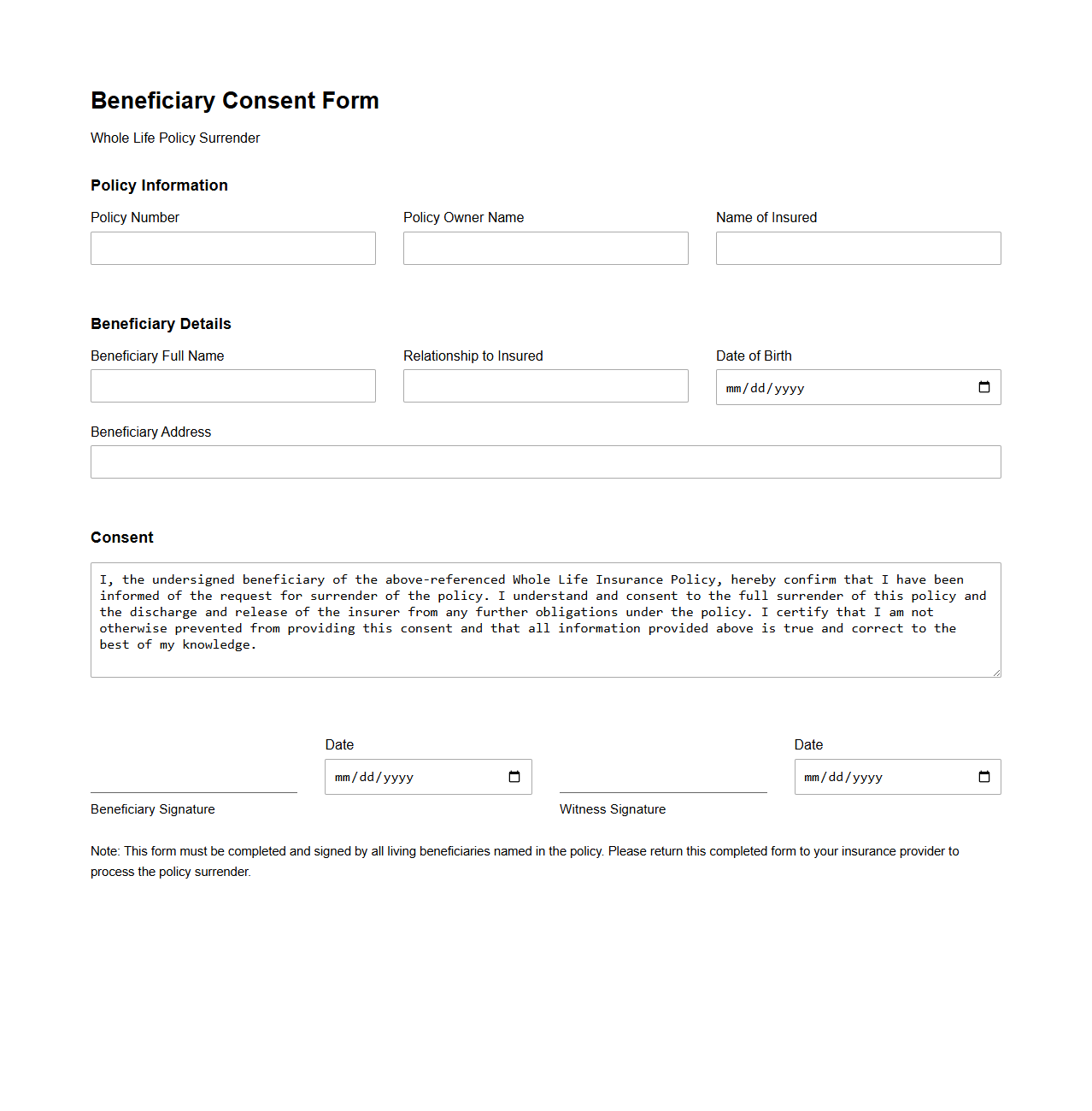 Beneficiary Consent Form for Whole Life Policy Surrender
