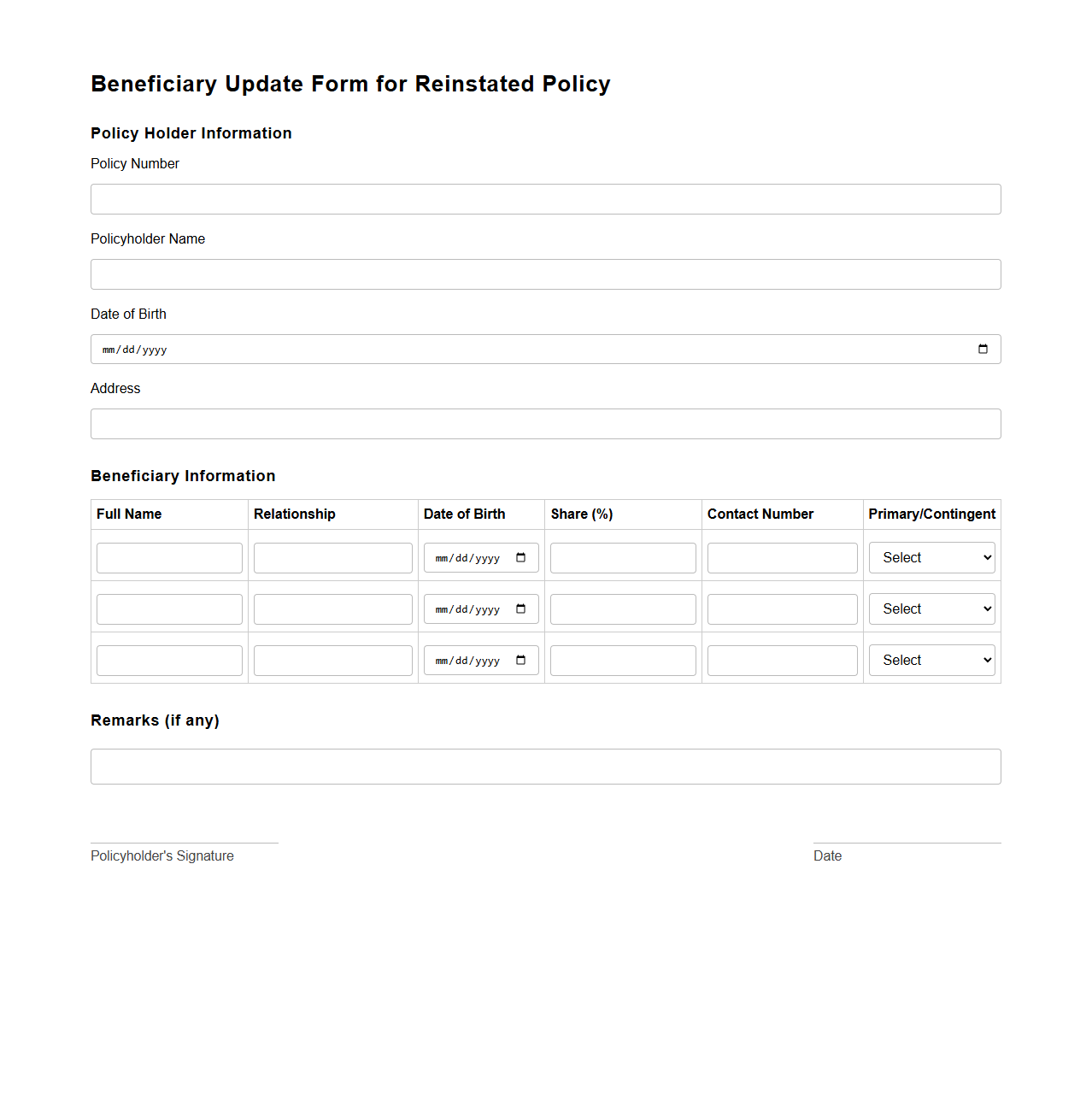 Beneficiary Update Form for Reinstated Policy