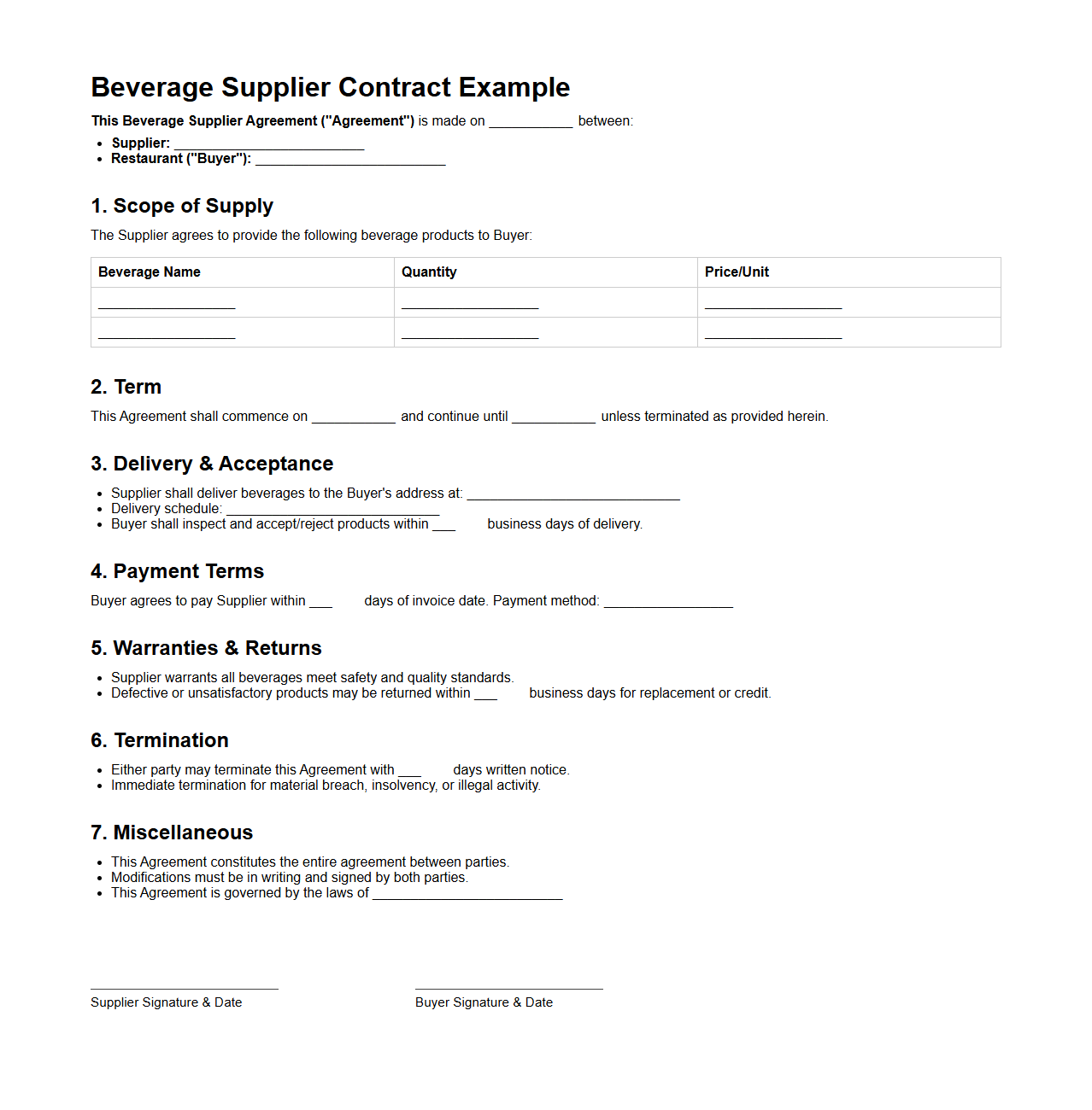 Beverage Supplier Contract Example for Restaurants