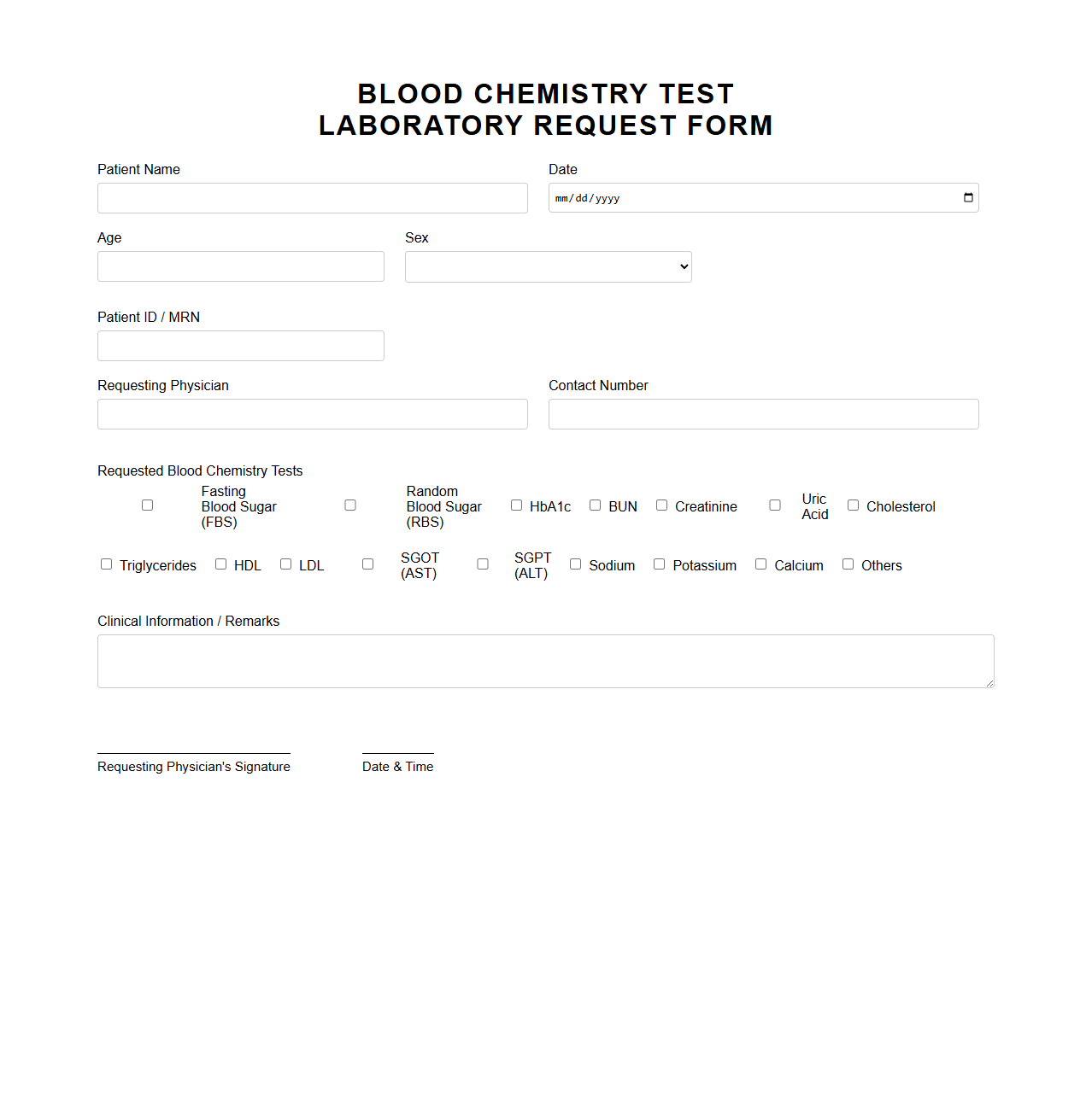 Blood Chemistry Test Laboratory Request Form Sample