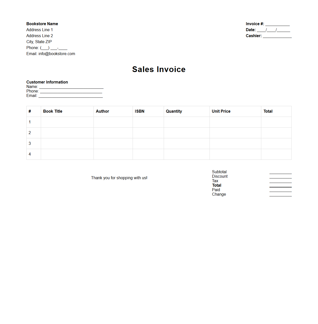 Bookstore Sales Invoice Sample