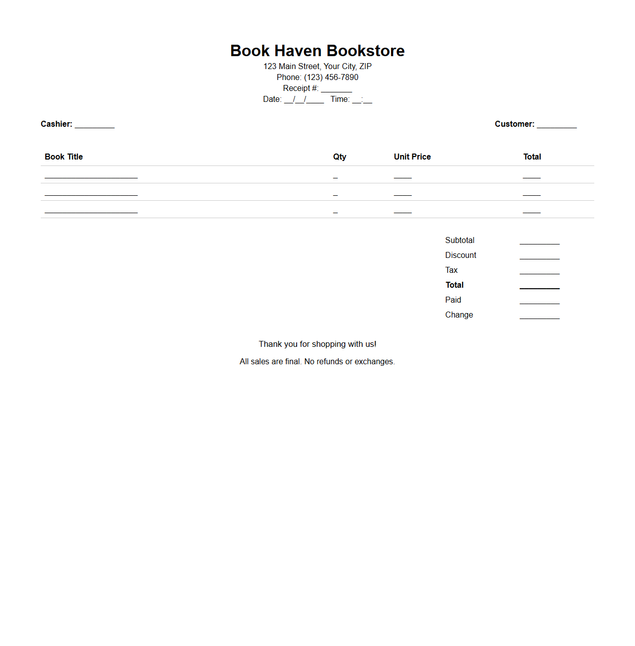 Bookstore Sales Receipt Format for POS