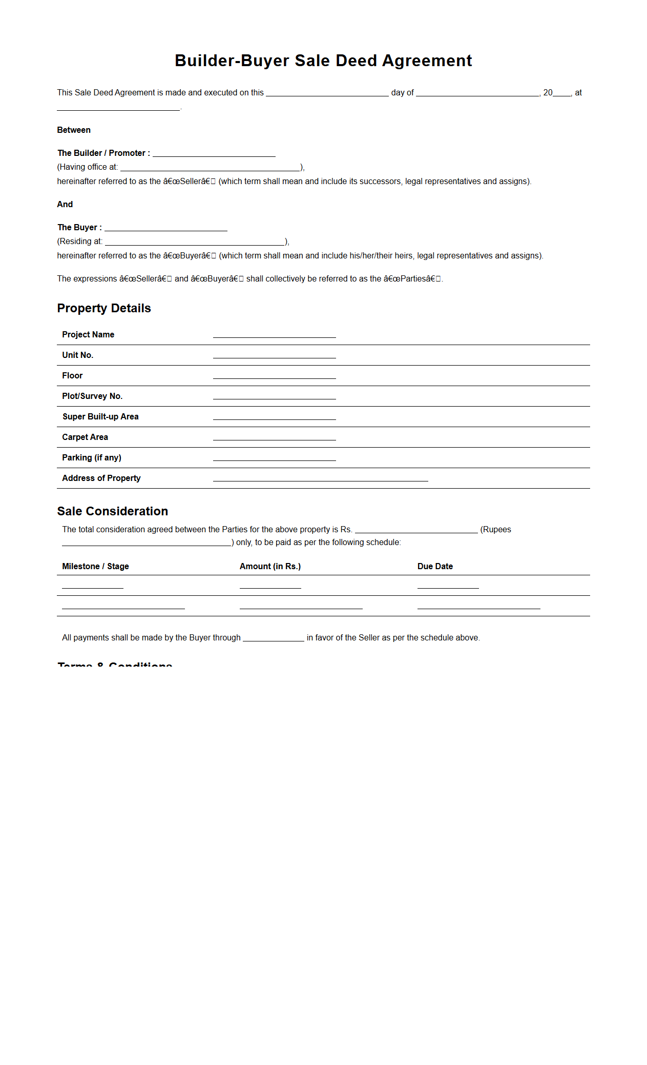 Builder-Buyer Sale Deed Agreement Format