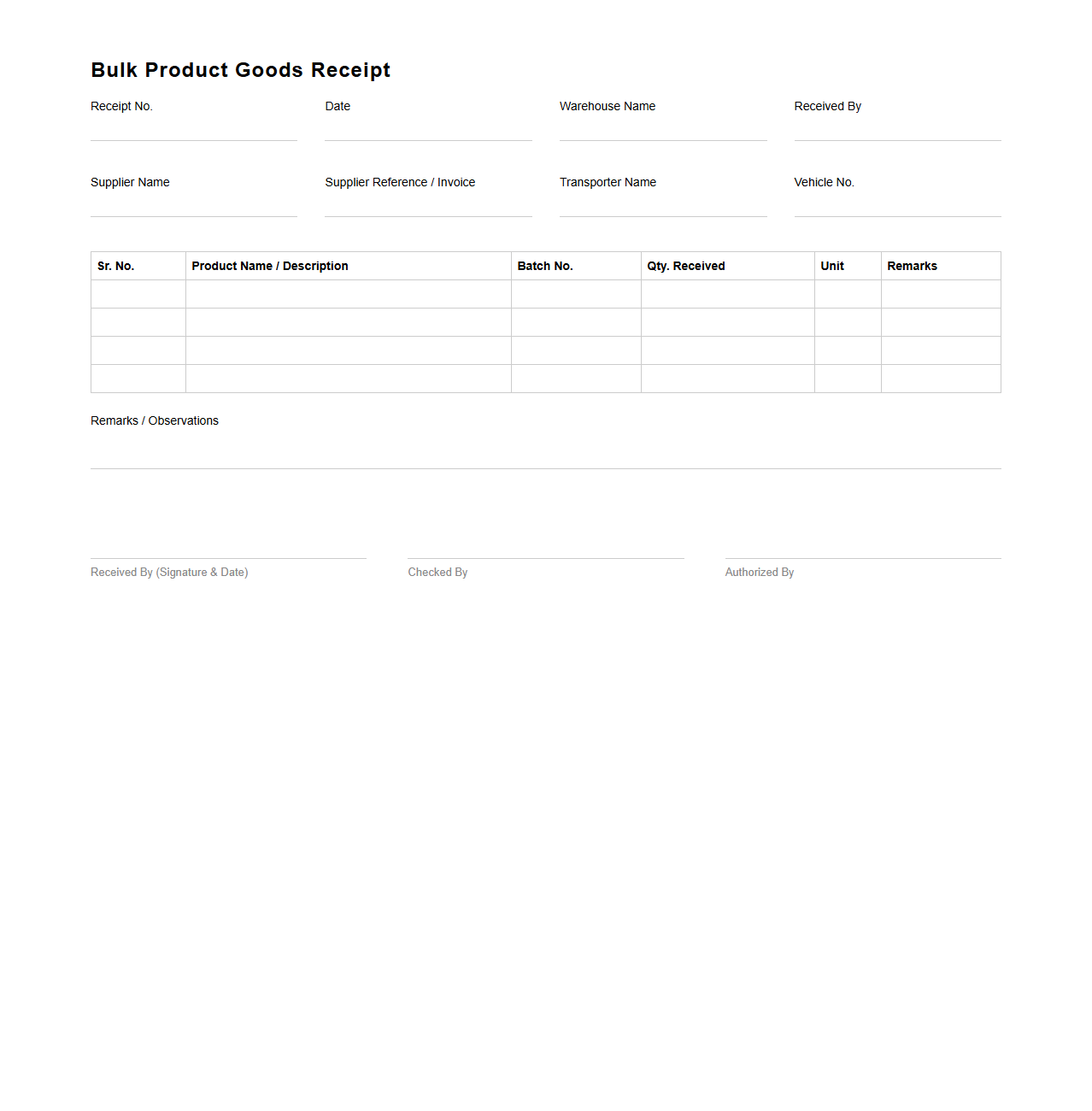 Bulk Product Goods Receipt Format for Wholesale Warehouses