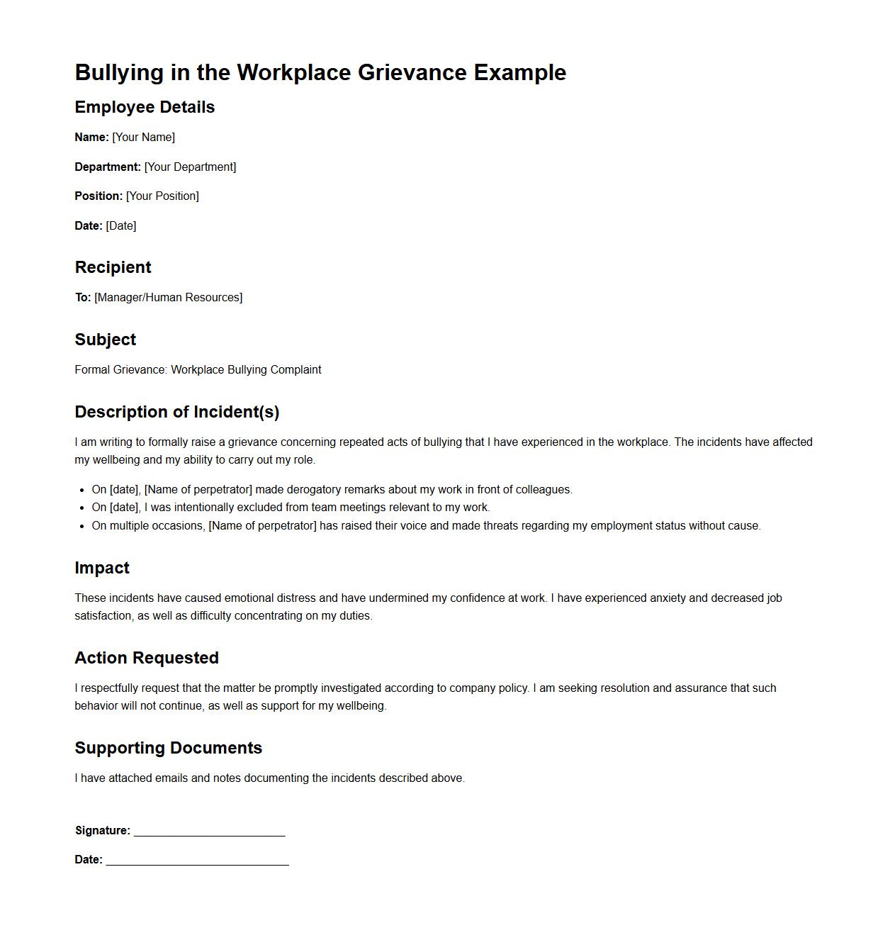 Bullying in the Workplace Grievance Example