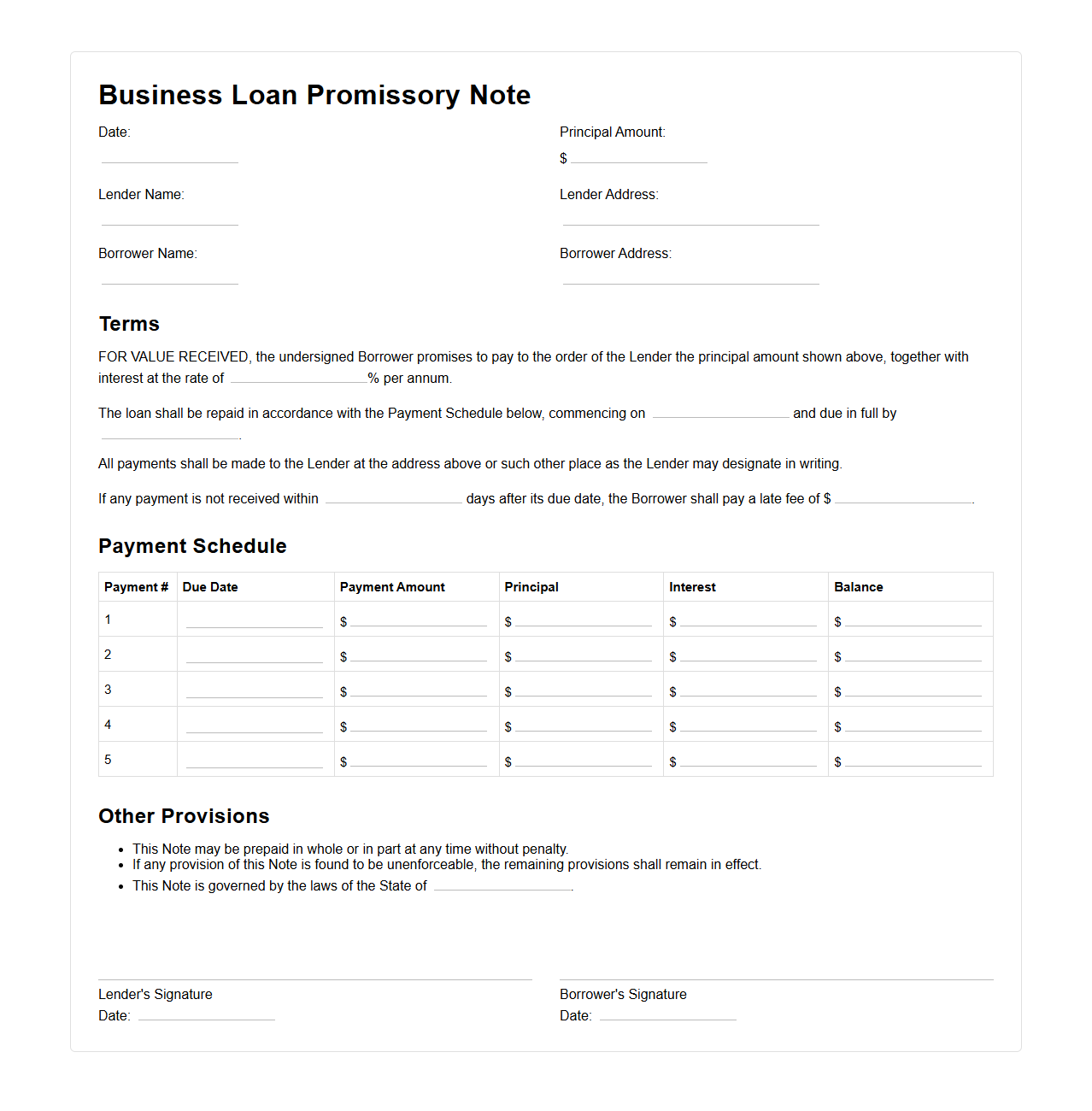 Business Loan Promissory Note with Payment Schedule