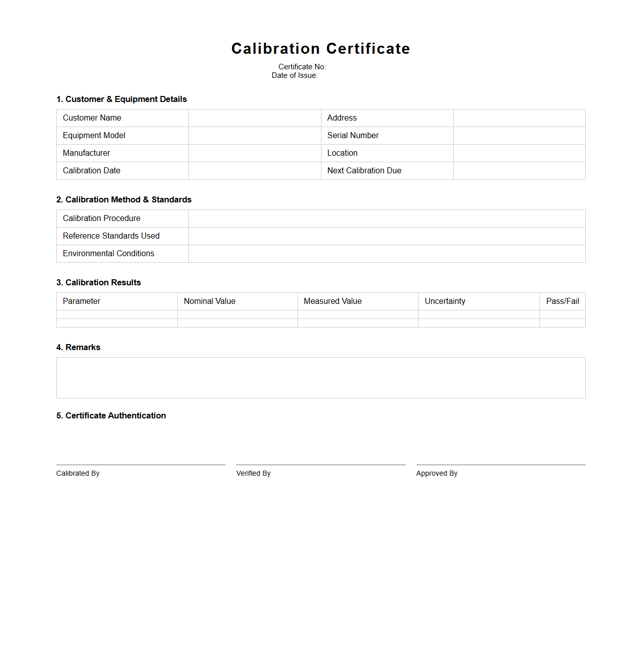 Calibration Certificate Template for Production Machinery