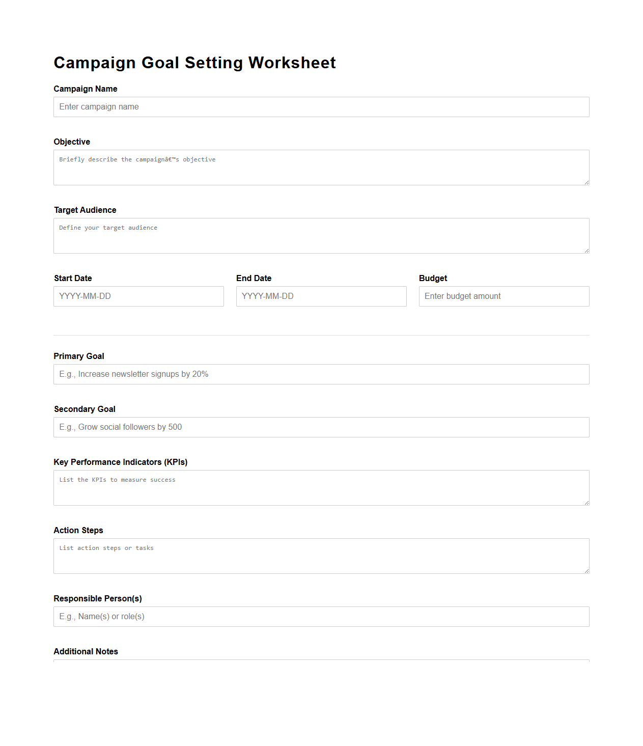 Campaign Goal Setting Worksheet