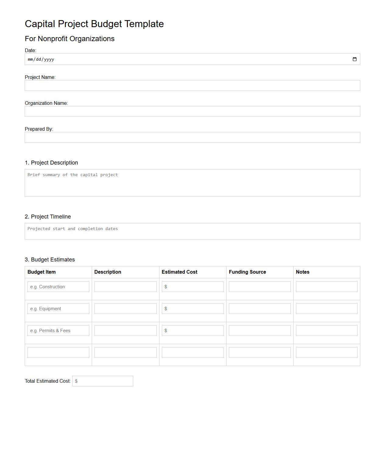 Capital Project Budget Template for Nonprofit Organizations