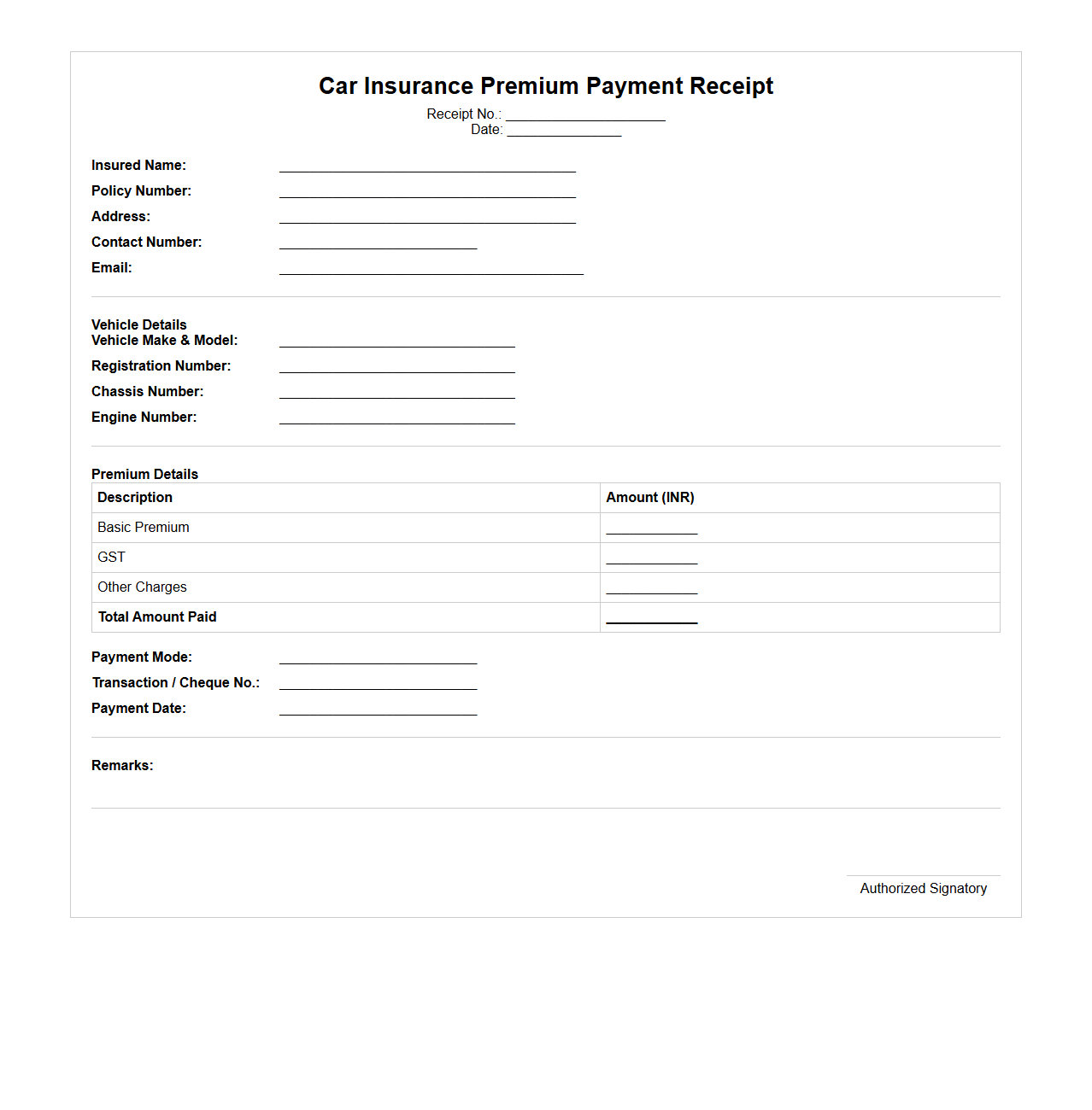 Car Insurance Premium Payment Receipt Format