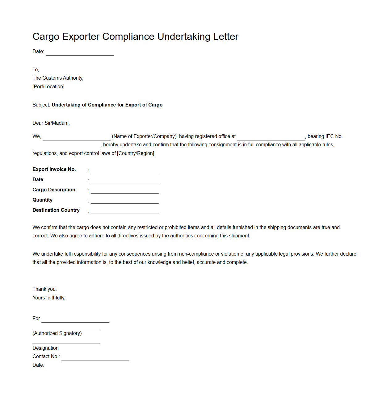 Cargo Exporter Compliance Undertaking Letter Sample