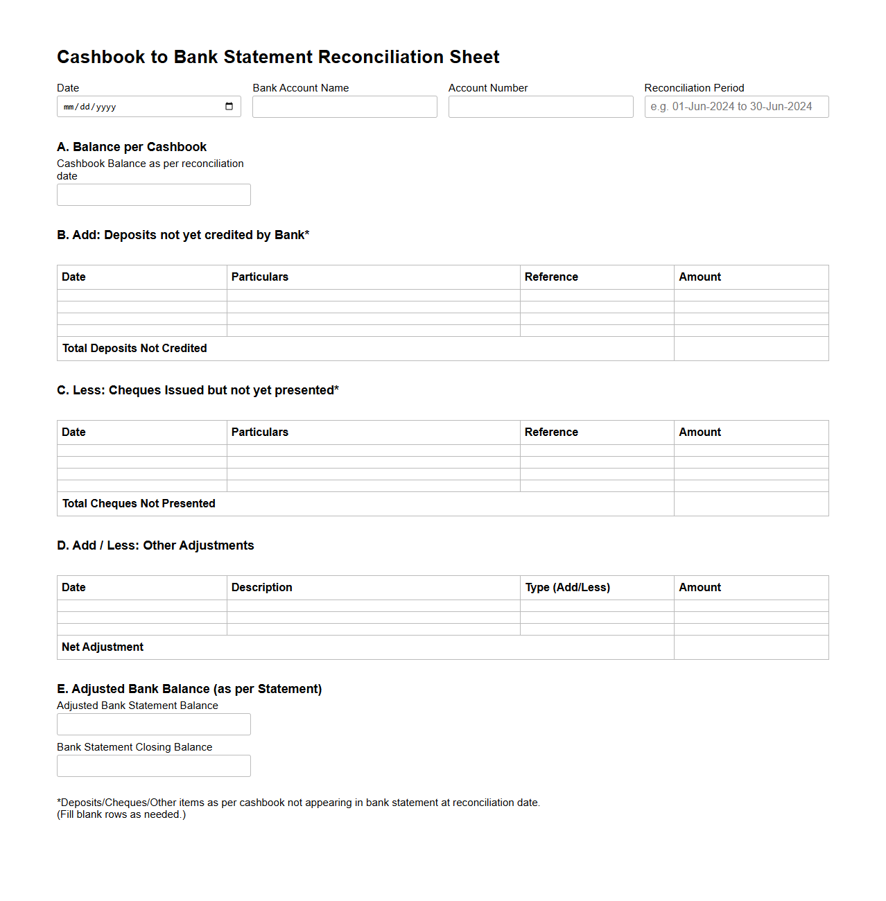 Cashbook to Bank Statement Reconciliation Sheet