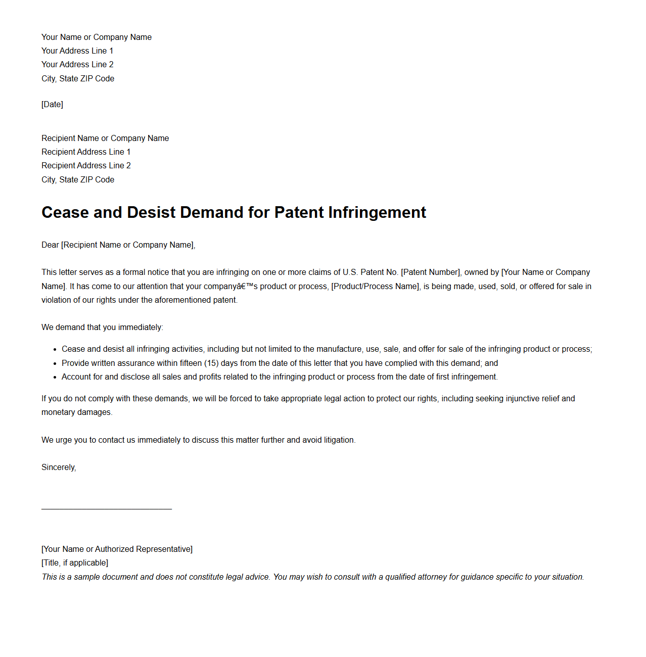 Cease and Desist Demand for Patent Infringement