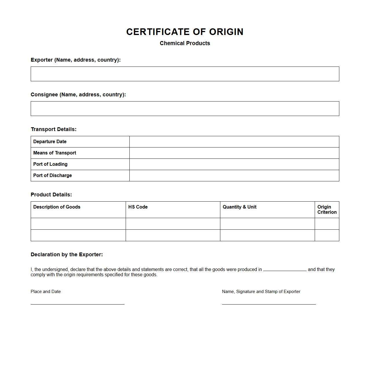 Certificate of Origin Form for Chemical Products
