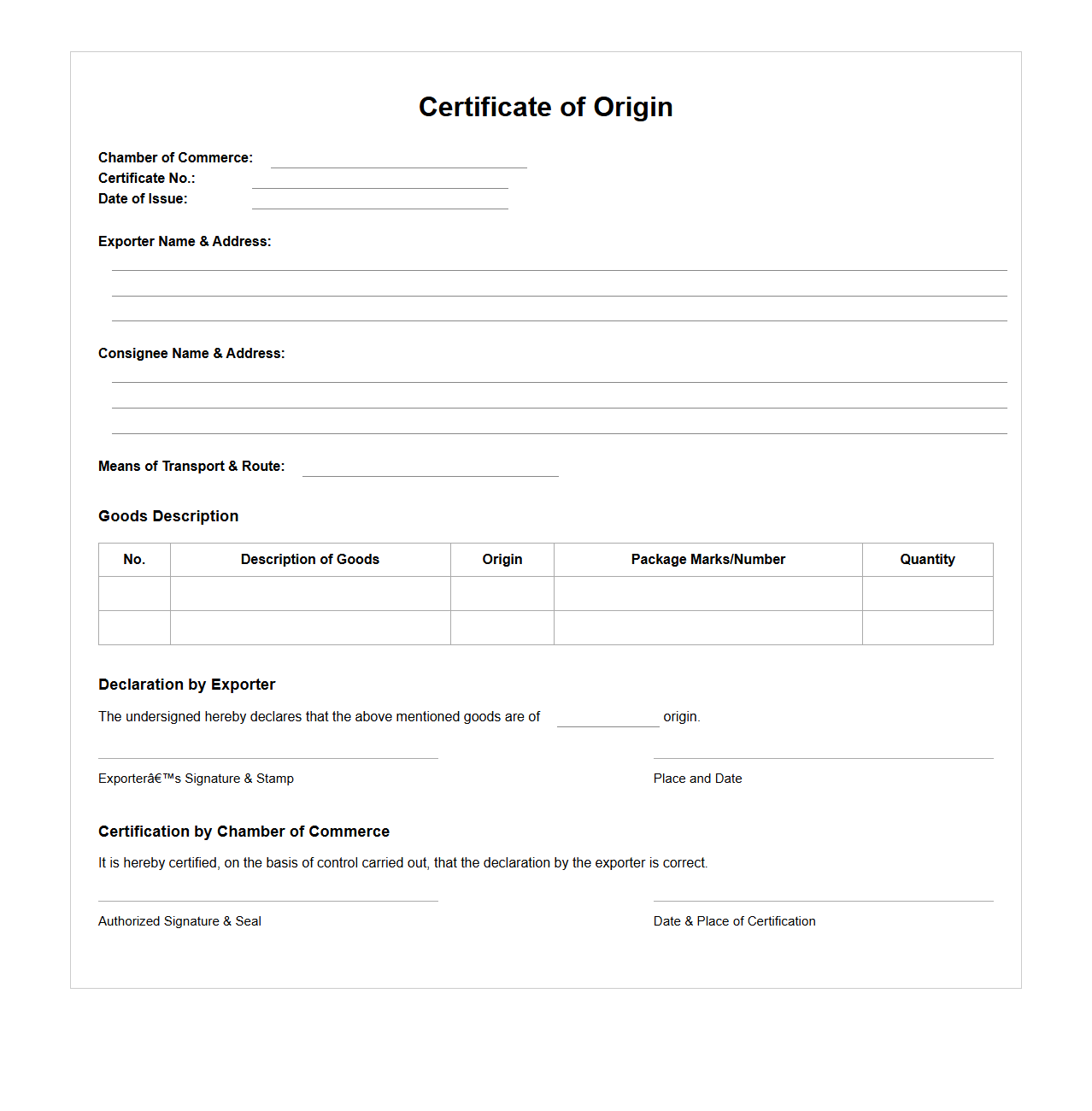 Chamber of Commerce Certificate of Origin Example