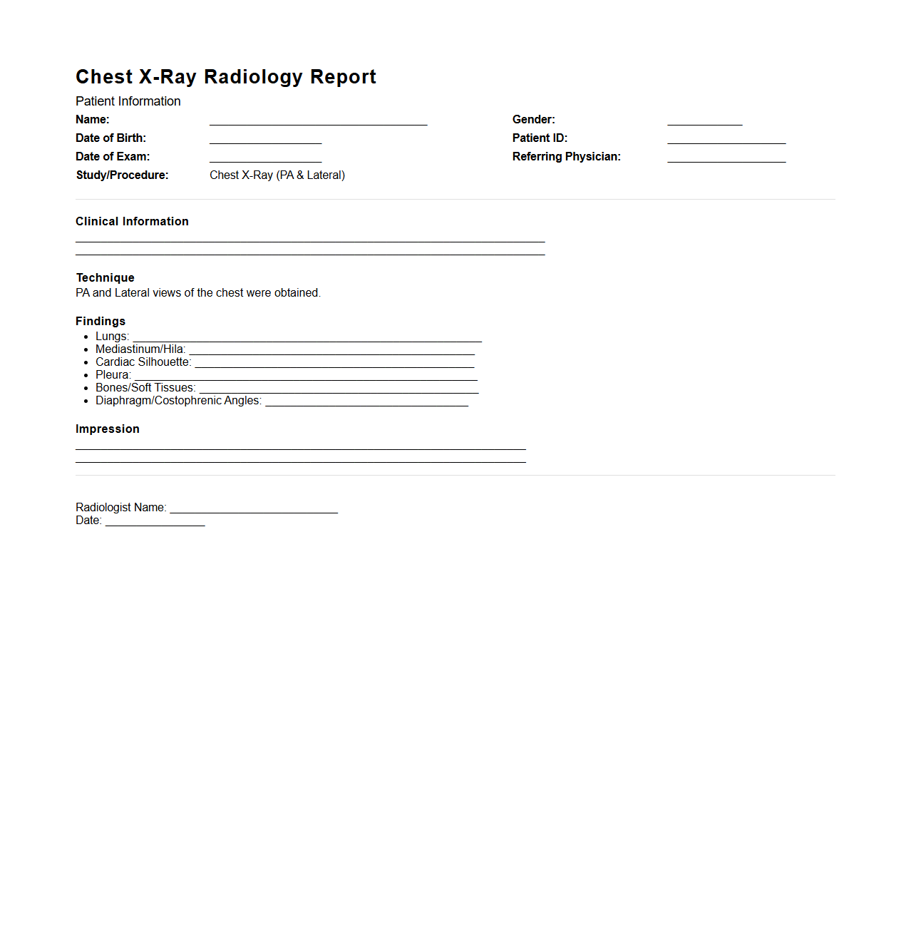 Chest X-Ray Radiology Report Sample