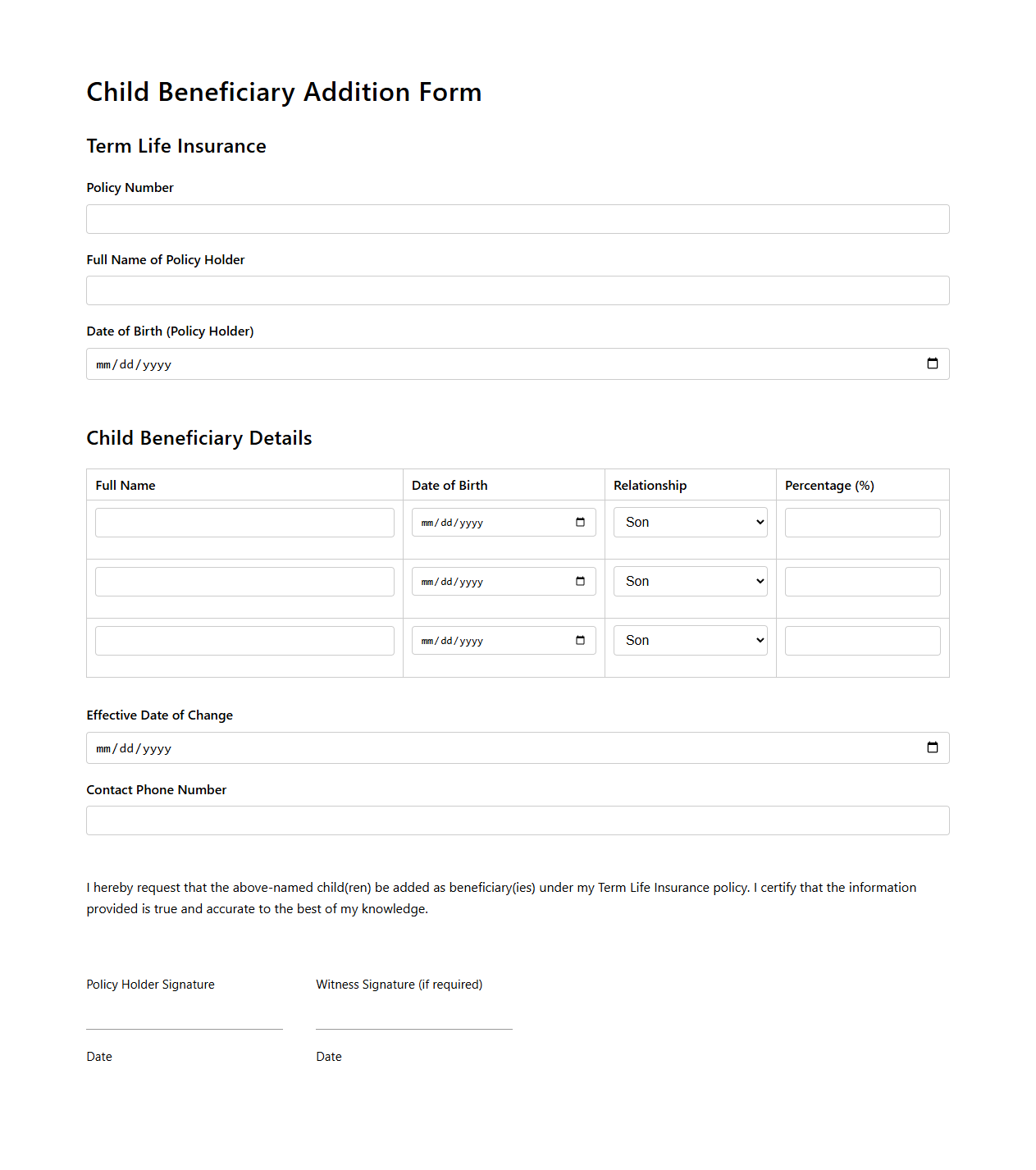 Child Beneficiary Addition Document for Term Life Insurance