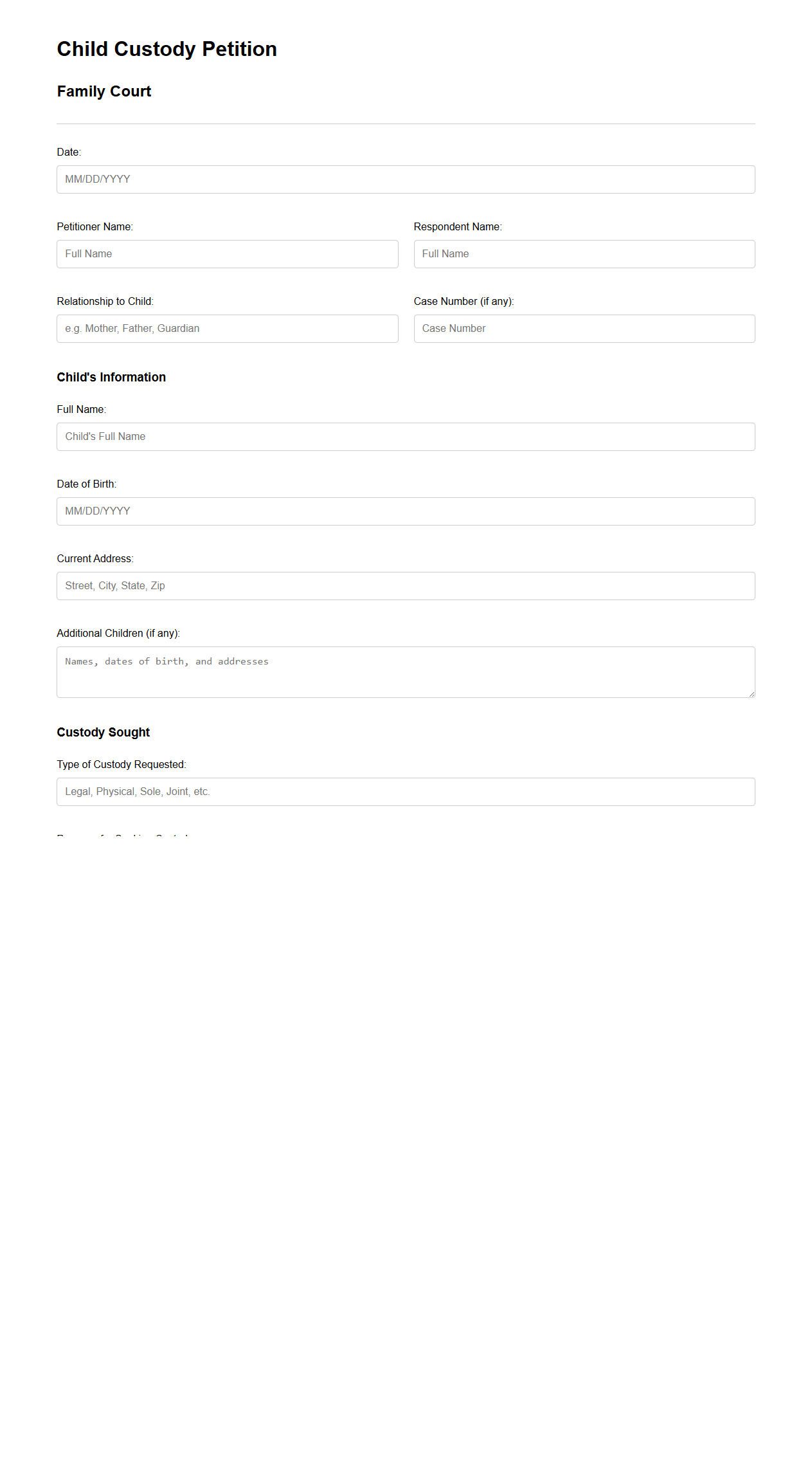 Child Custody Petition Template for Family Court