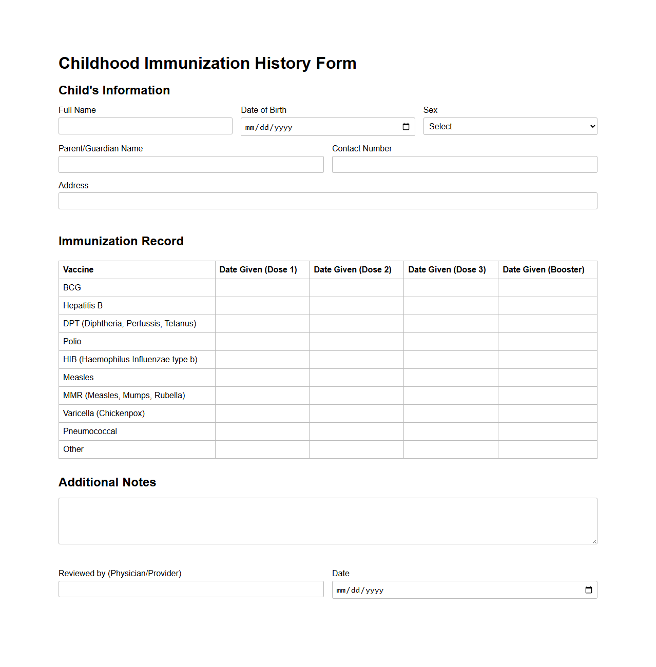 Childhood Immunization History Form Sample
