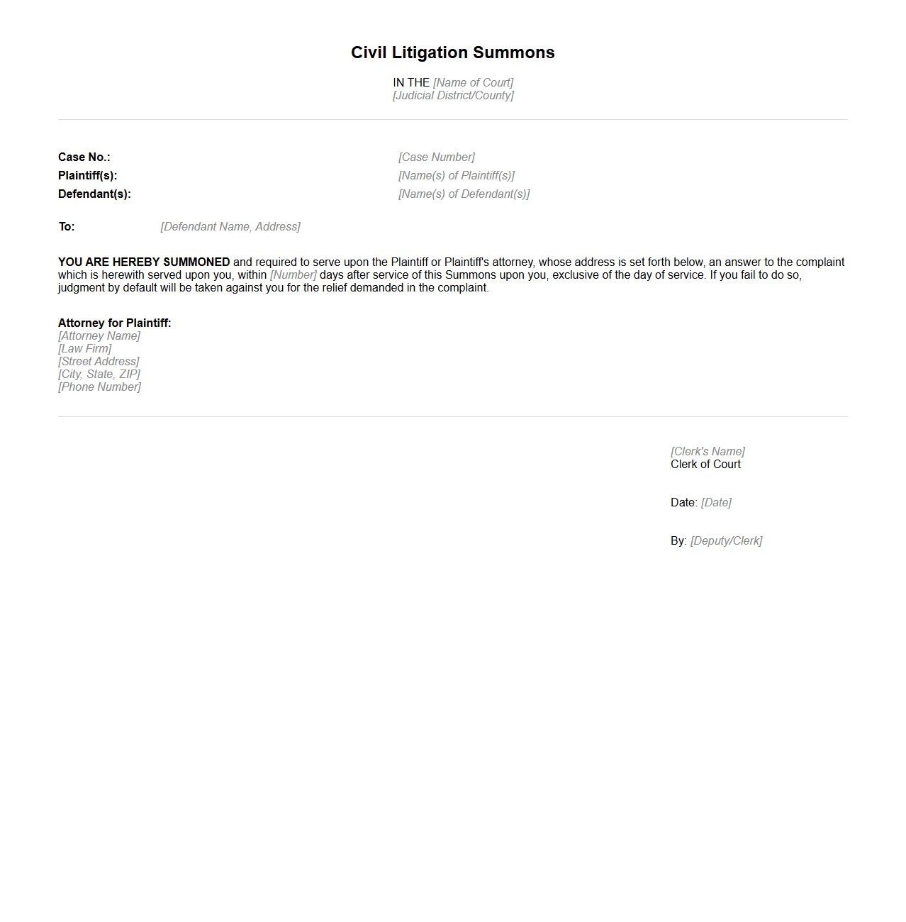 Civil Litigation Summons Format