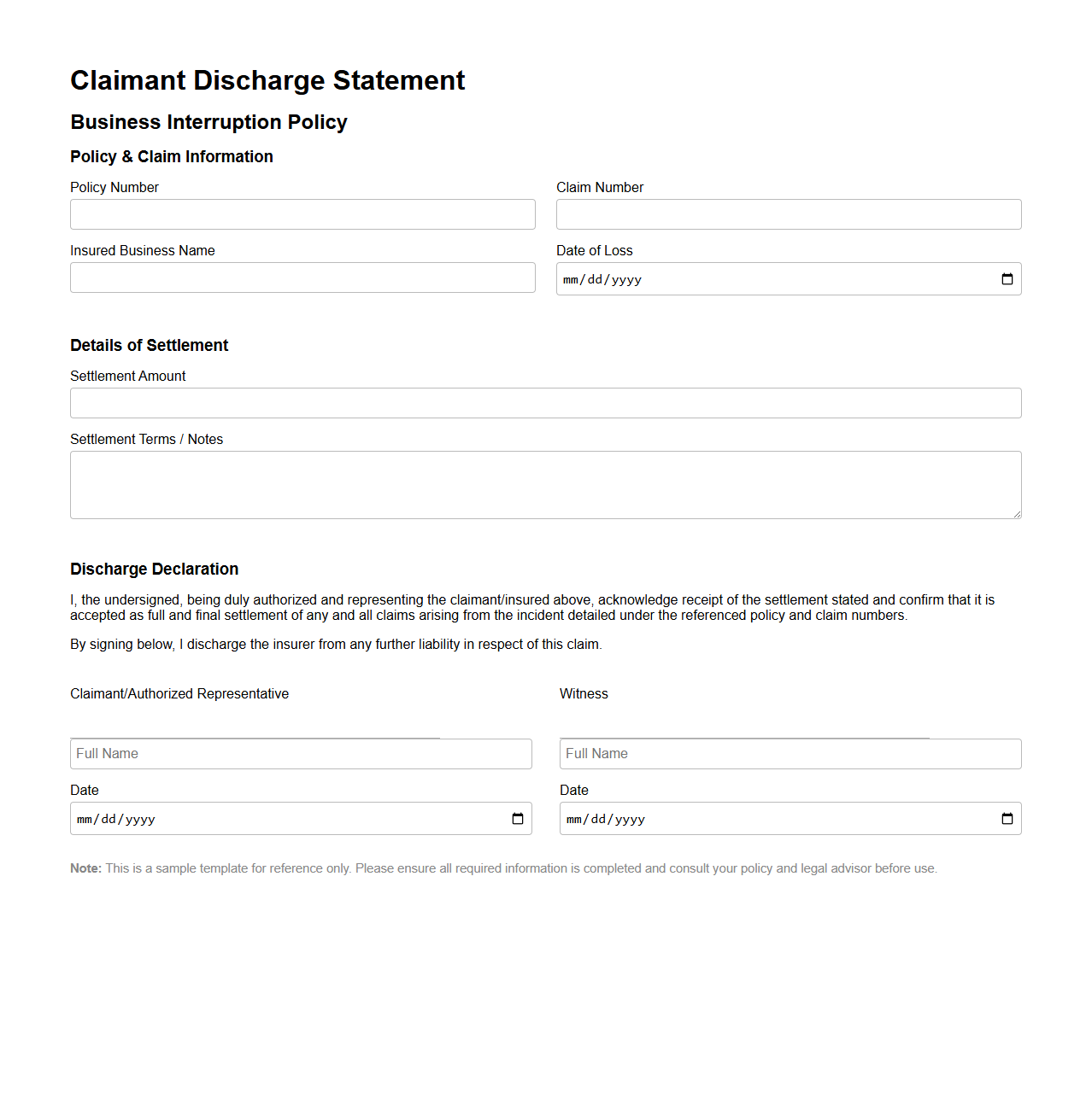 Claimant Discharge Statement for Business Interruption Policies