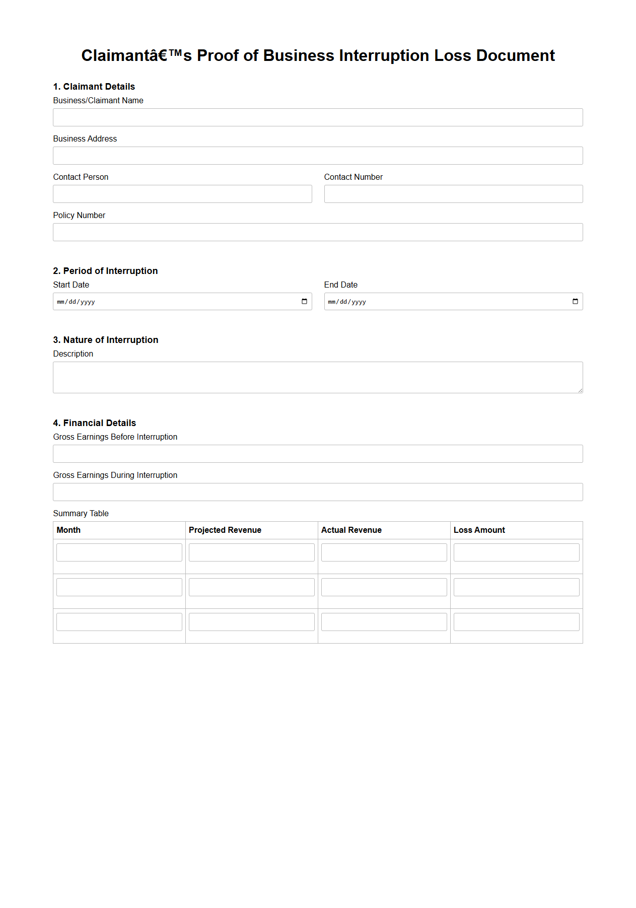Claimant’s Proof of Business Interruption Loss Document