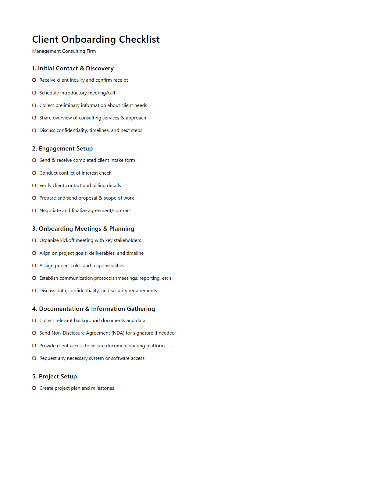 Client Onboarding Checklist for Management Consulting Firms