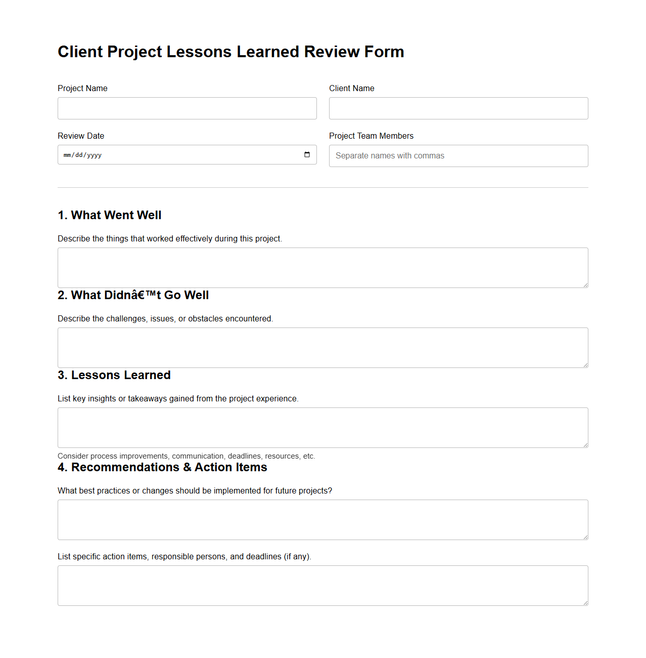 Client Project Lessons Learned Review Form