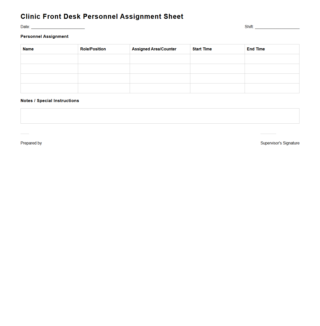Clinic Front Desk Personnel Assignment Sheet