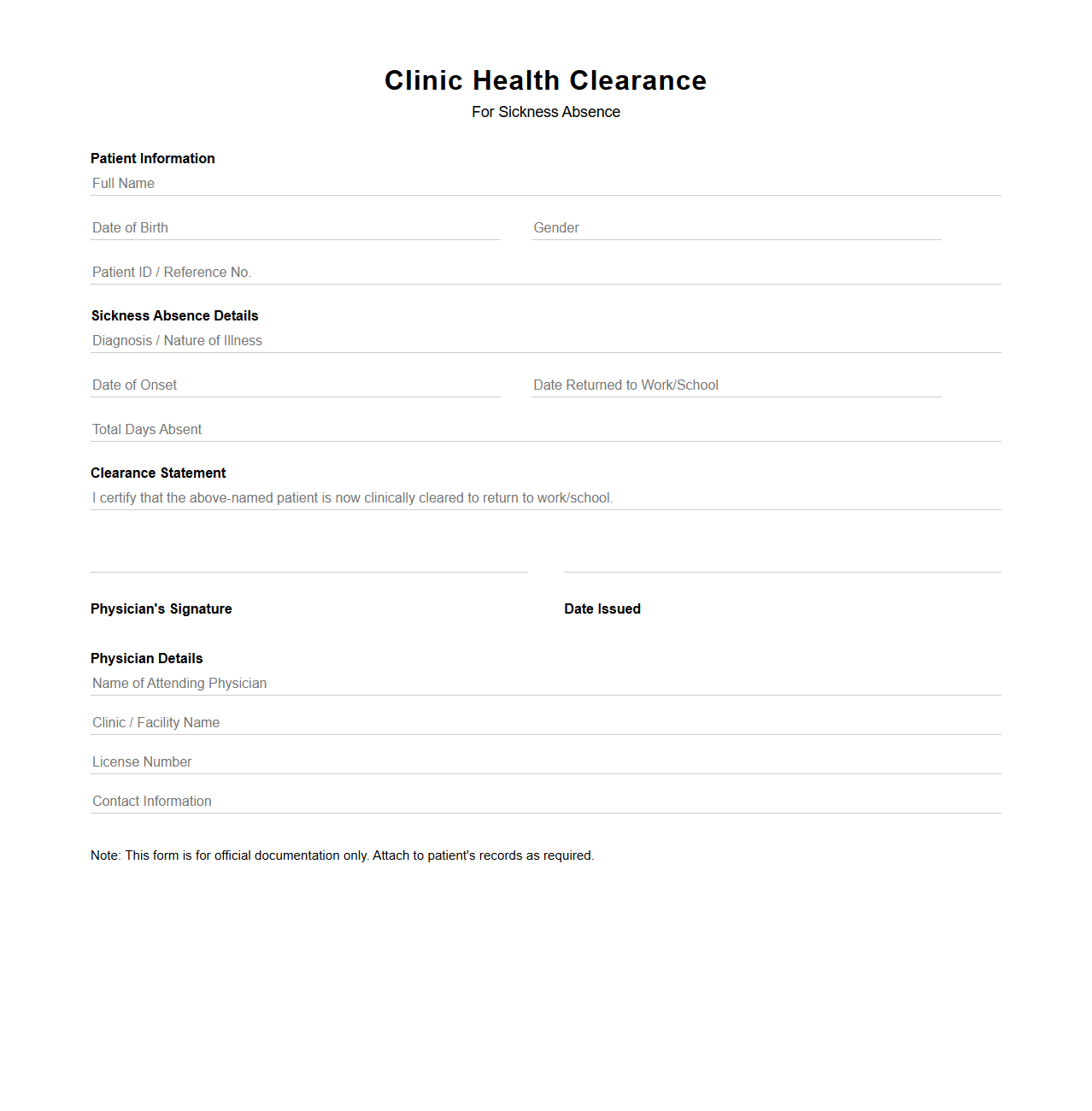 Clinic Health Clearance for Sickness Absence