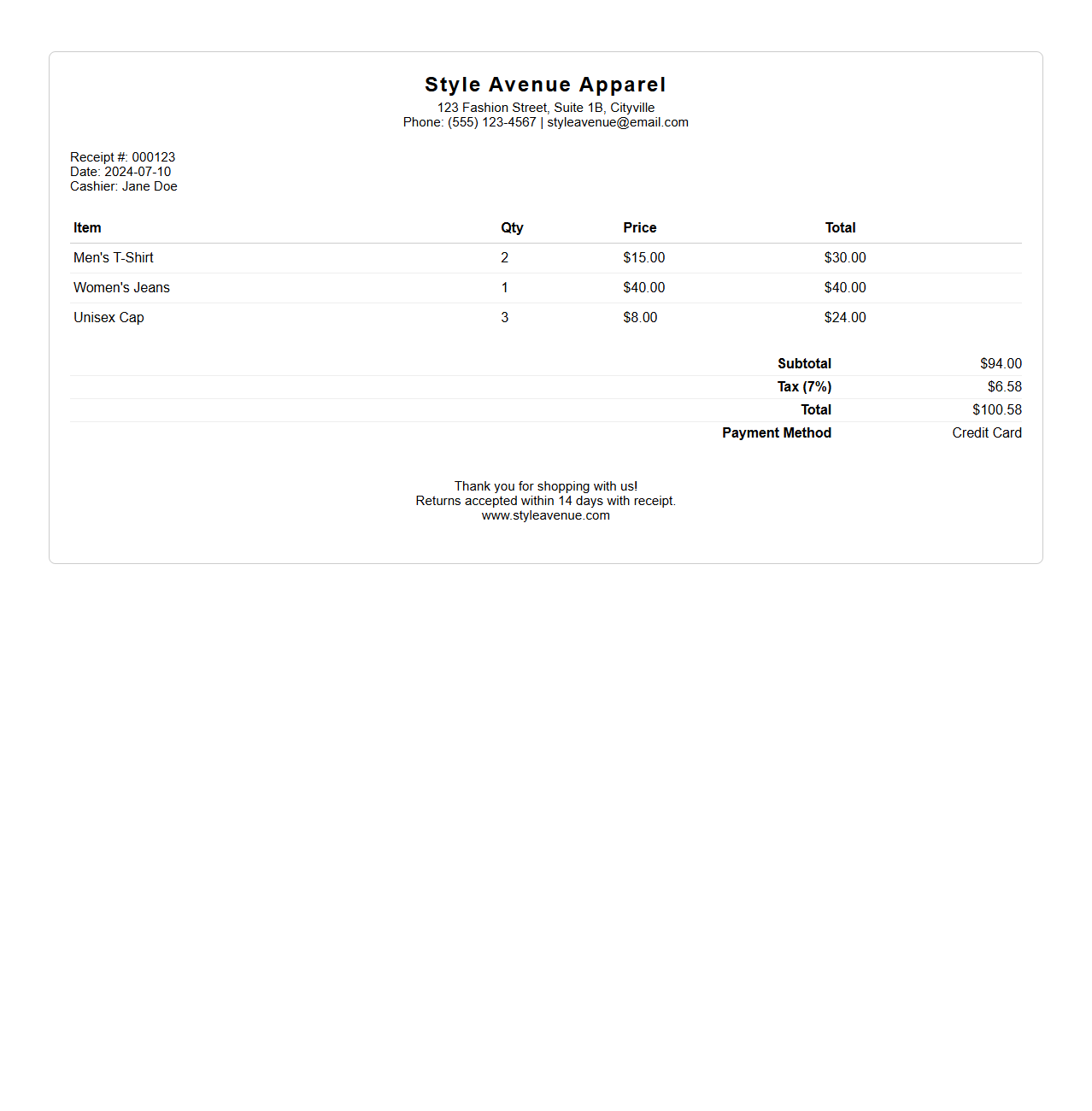 Clothing Store Sales Receipt Template for Point of Sale