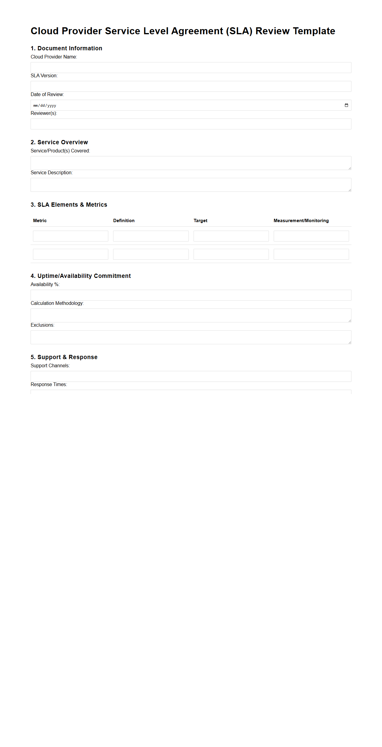 Cloud Provider Service Level Agreement (SLA) Review Template