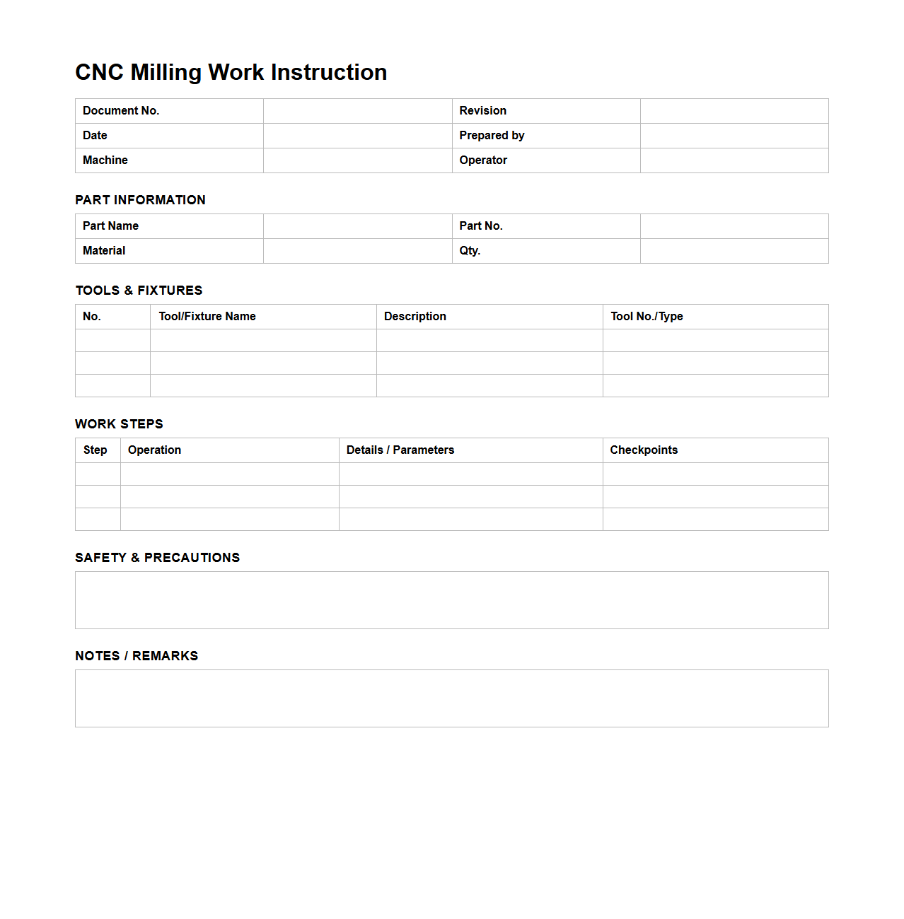 CNC Milling Work Instruction Template