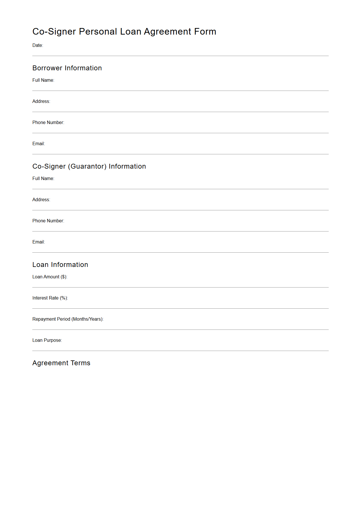 Co-Signer Personal Loan Agreement Form
