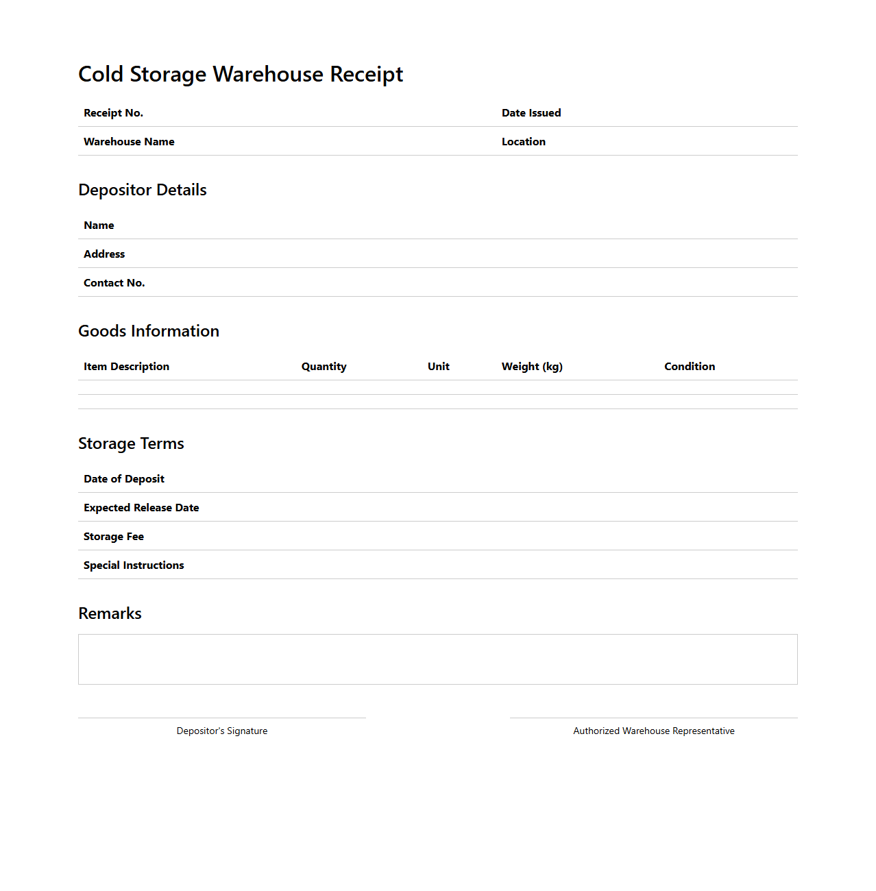 Cold Storage Warehouse Receipt Document Sample