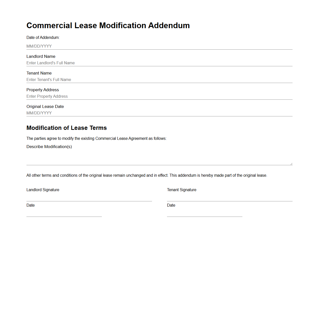 Commercial Lease Modification Addendum Example