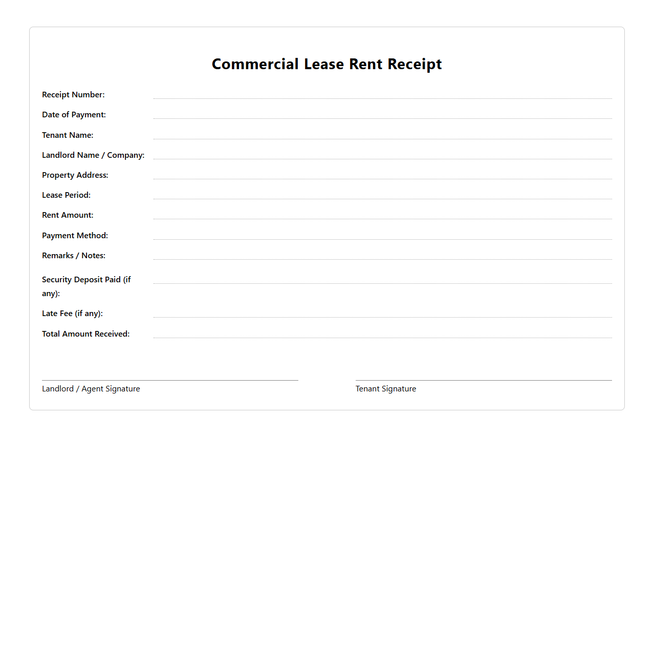 Commercial Lease Rent Receipt Sample